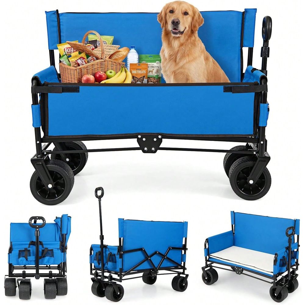 Pull Cart Fold - ワゴンベンチシートコンボ、折りたたみ式ビーチカート、調整可能なプッシュプルハンドル、ソフトクッション、全地形対応ホイール、頑丈